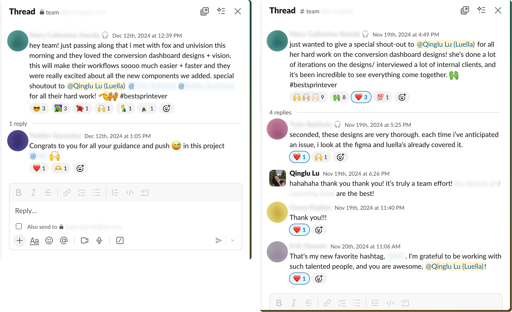 Internal Slack threads — client feedback + team kudos