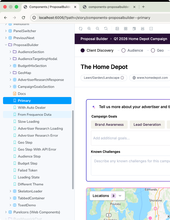 Proposal Builder components in Storybook, with loading, error and theme states
