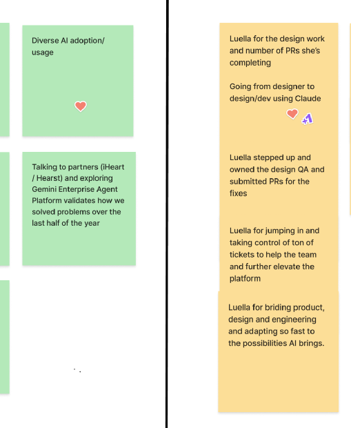 Team retro notes: kudos for design work, PRs and going from designer to design/dev with Claude